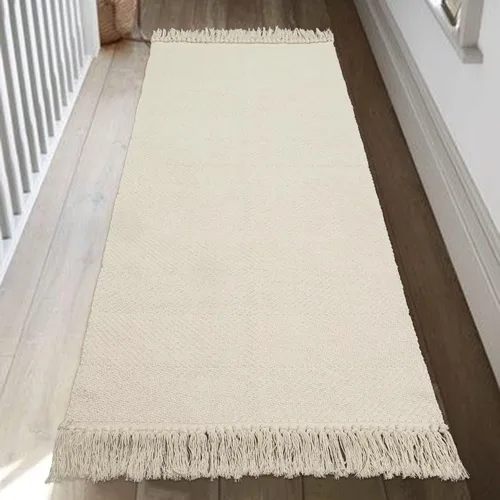 Collive - Tapete de pasillo de cocina, 2 x 4.3 pies, tejido a mano, reversible, lavable, de algodón, color blanco/beige, para baño, pasillo,