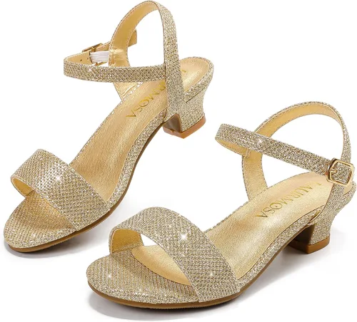 Sandalias de tacón bajo para niñas, zapatos de vestir para bodas, fiestas, verano, puntera abierta, correa de tobillo para niños pequeños y grandes