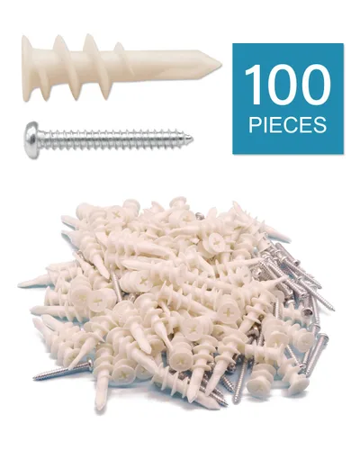 Miniatura 2 de IMScrews Juego de 100 anclajes de plástico autoperforantes para paneles de yeso con tornillos, kit de anclajes de pared con 50 tornillos/50 anclajes