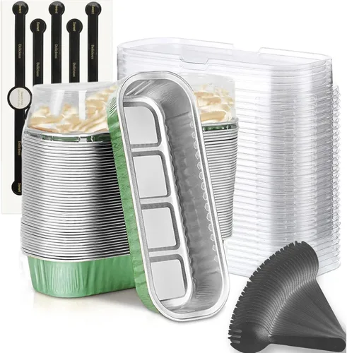 Miniatura 16 de Findful Mini Moldes para Hornear Pan con Tapas y Cucharas (Paquete de 50, 6.8oz) Moldes Rectangulares de Papel de Aluminio para Hornear Recipientes