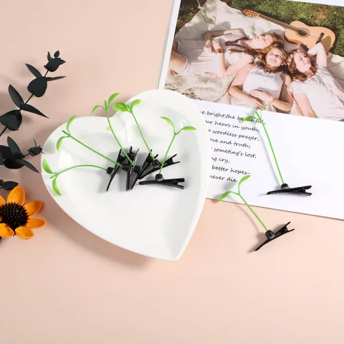 Miniatura 9 de Housoutil 50 horquillas para el cabello con brotes de frijoles, brotes de plantas verdes para decoración de fiestas, accesorios de fotografía