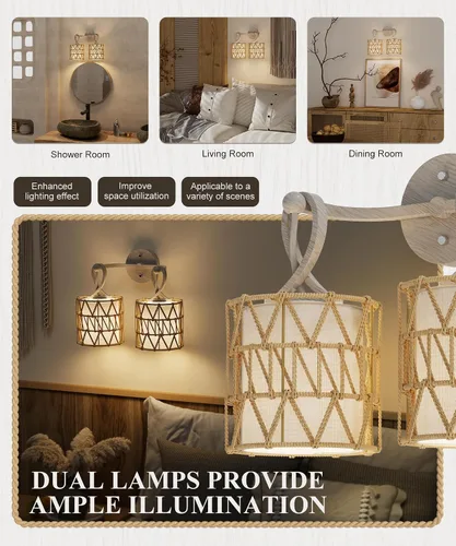 Miniatura 2 de N12-3 Aplique de pared de ratán bohemio de dos luces, accesorios de tocador para espejo, pantalla tejida en cruz y lámpara de pared cableada