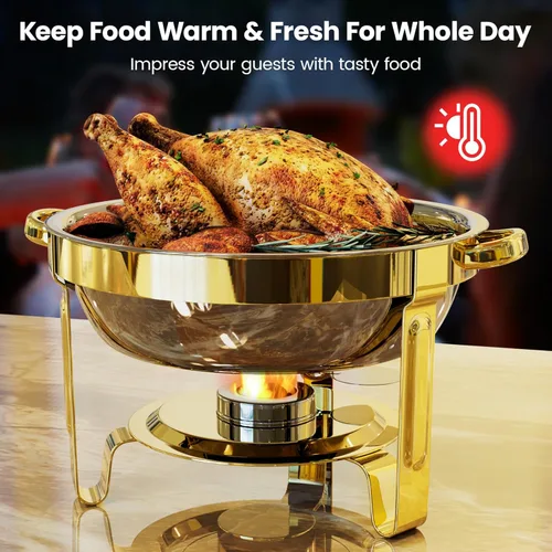 Miniatura 9 de Platos Calentadores Redondos para Buffet Paquete de 4, Chafers de 5QT y Calentadores de Buffet con 2 Guantes Resistentes al Calor, 4 Cucharas, 4