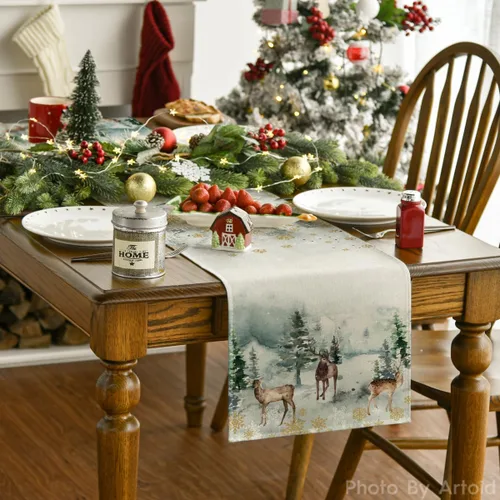 Miniatura 2 de Artoid Mode Camino de mesa de Navidad con copos de nieve en acuarela, ciervos, árboles, copos de nieve, Navidad, vacaciones, cocina, decoración