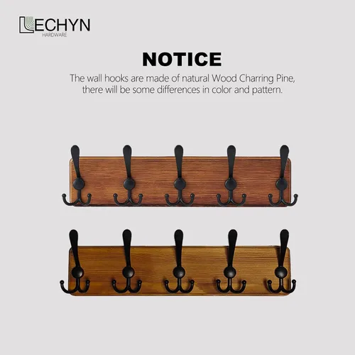 Miniatura 8 de Perchero de madera rústica con 5 ganchos, soporte de pared resistente para colgar chaquetas (marrón)