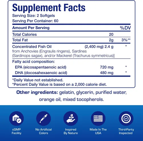 Miniatura 4 de Suplemento clínico de aceite de pescado Omega 3 con EPA y DHA – 120 cápsulas blandas con sabor a naranja para la salud cardíaca, inmune y nerviosa