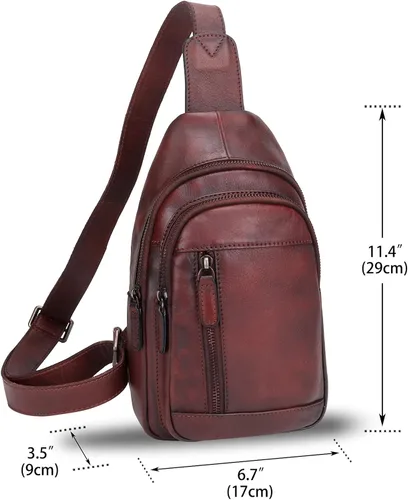 Miniatura 5 de IVTG Bolso bandolera de cuero genuino para mujeres y hombres, bolso cruzado de cuero, bolso de hombro para el pecho, mochila, Café, Mochilas Sling