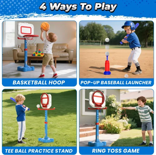 Miniatura 2 de EagleStone Aro de Baloncesto y Juego de Pelota T 4 en 1 para Niños Pequeños, Aro de Baloncesto de Altura Ajustable, Juguete de Pelota T