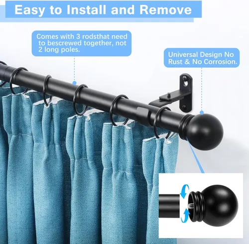Miniatura 2 de Cortinero para ventanas, 16 a 48 pulgadas, con longitud máxima ajustable de 60 pulgadas, diámetro de 1 pulgada y remates redondos, color negro