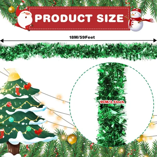 Miniatura 2 de VESPRO Guirnalda metálica verde para árbol de Navidad de 59 pies con purpurina para decoración de interiores y exteriores
