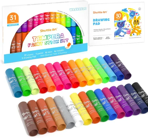 Palos de pintura al temple de 30 colores sólidos para niños con 1 almohadilla de dibujo, secado súper rápido, no tóxico, funciona muy bien en papel,