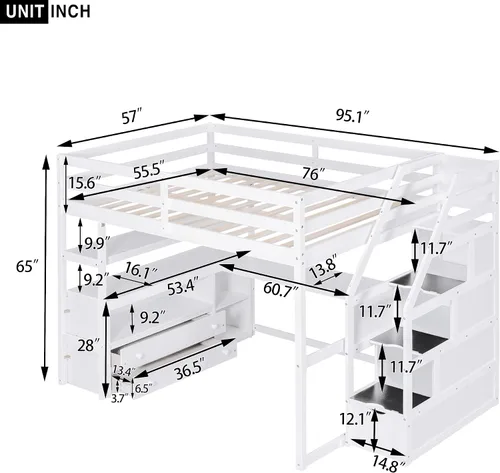 Miniatura 2 de Quarte Cama alta multifuncional, cama alta tamaño matrimonial con escritorio integrado y estantes de almacenamiento, dos cajones y escalera