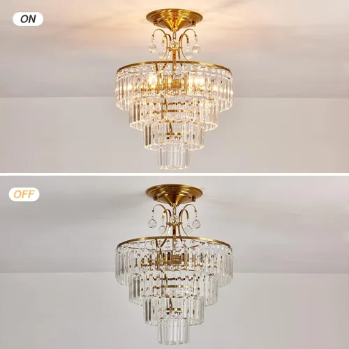 Miniatura 3 de CVKASH Lámpara de araña de cristal dorado de 5 luces, accesorio moderno de montaje semi empotrado en techo con iluminación de techo E12
