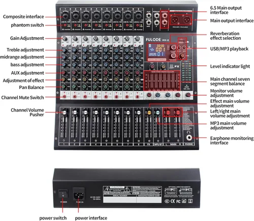 Miniatura 8 de Consola de mezclador de sonido profesional de 8 canales, 99 bits DSP, procesador digital de 99 bits, USB, Bluetooth, MP3 para entrada de grabación