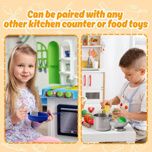 Miniatura 6 de Juego de accesorios de juguete de cocina para niños pequeños, juego de cocina para niñas y niños, incluye ollas y sartenes coloridas (azul)