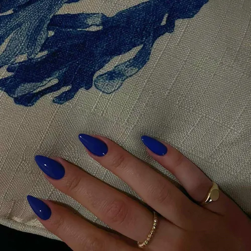 Miniatura 4 de Uñas postizas a presión azul real - Forma de almendra, longitud media, acrílicas neutrales reutilizables para mujeres y niñas - Uñas postizas