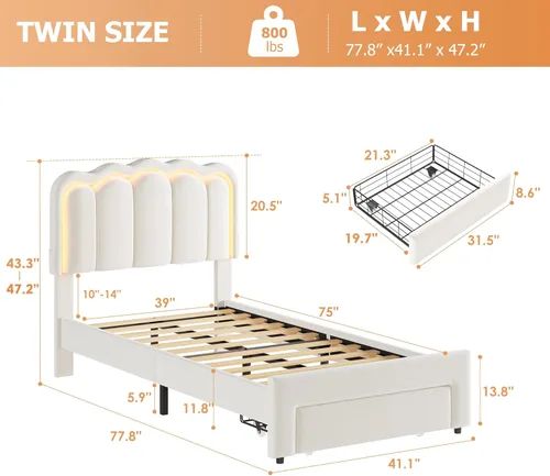 Miniatura 2 de Marco de cama LED tapizado individual con cajón de almacenamiento y cabecera doble ondulada ajustable, cama de plataforma de terciopelo estilo Beige