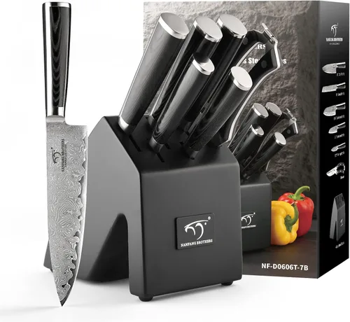 Miniatura 11 de NANFANG BROTHERS Juego de cuchillos para cocina con bloque, juego de cuchillos de cocina de Damasco con bloque, mango ergonómico ABS para juego