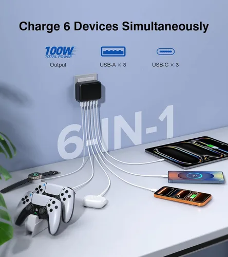 Miniatura 2 de Bloque de Carga Rápida, Cubo de Estación de Carga GaN de 6 Puertos USB C, Cargador de Pared de 100W de Tipo C de Múltiples Puertos con Enchufe