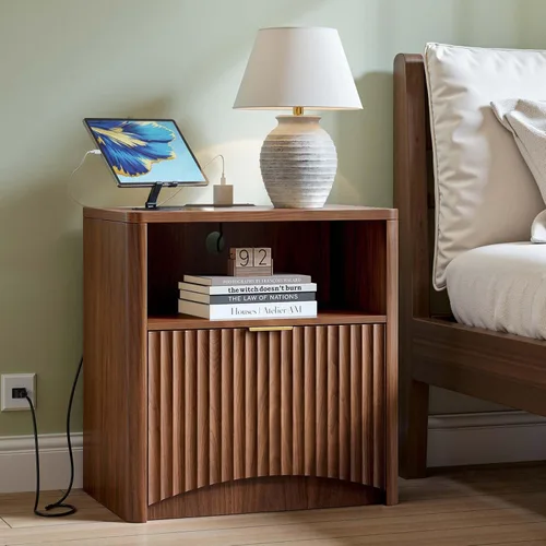 Miniatura 10 de Evermagin Mesita de noche acanalada, mesita de noche de roble natural con cajón y almacenamiento, mesa auxiliar de madera moderna de mediados
