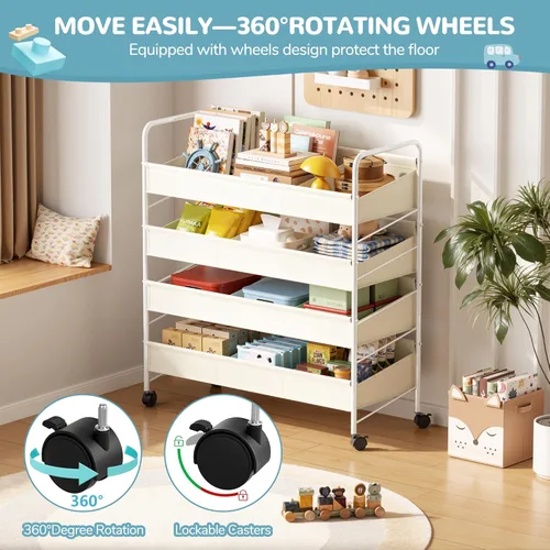 Miniatura 4 de Organizador de almacenamiento de juguetes para niños con 4 estantes y ruedas, estante de almacenamiento de juguetes de gran tamaño blanco para niños