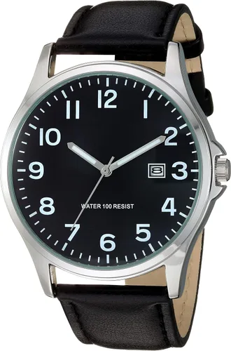 Amazon Essentials Reloj Analógico de Banda de Cuero de 42mm Fácil de Leer para Hombres Negro/Plata