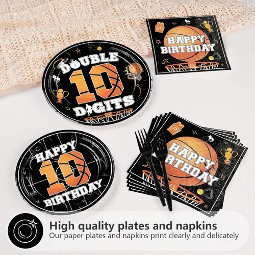 Miniatura 4 de 96 piezas de suministros para fiesta de cumpleaños de 10 años, platos y servilletas desechables de baloncesto y deportes, juego de vajilla
