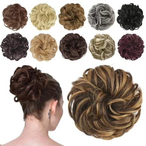 Miniatura 29 de FESHFEN Pieza de Cabello de Moño Desordenado - Extensiones Elásticas Onduladas Rizadas de Moño Scrunchies Sintético Chignon Postizos para Mujeres