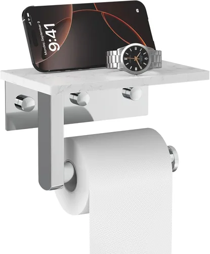 Miniatura 12 de Soporte de papel higiénico dorado cepillado con estante de mármol, soporte de mano de papel higiénico de acero inoxidable 304 montado en la pared