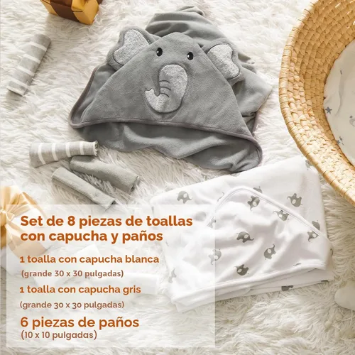 Miniatura 2 de Momcozy Toalla de bebé con capucha de elefante lindo – 8 piezas esenciales de baño, 2 toallas y 6 paños de lavado, regalo perfecto para niños
