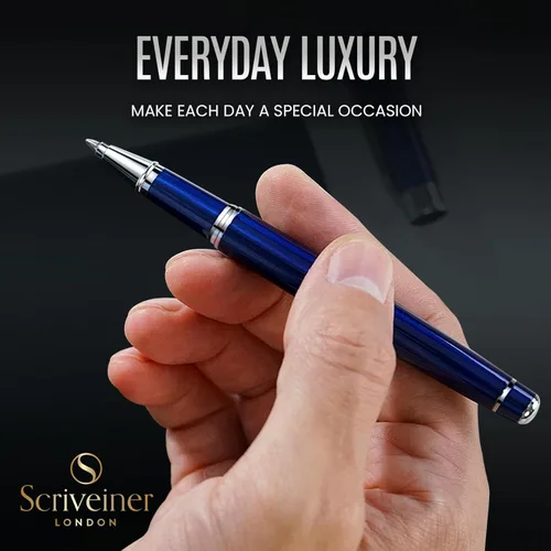 Miniatura 5 de Scriveiner – Bolígrafo roller azul medianoche, con lacado azul y acabado cromado, repuesto de tinta Schmidt, para hombres y mujeres, para 13. Azul