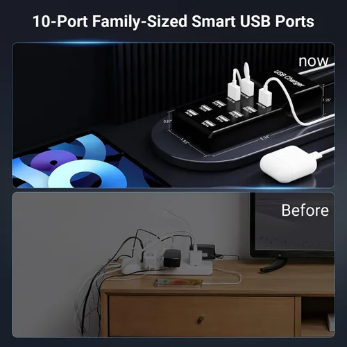 Miniatura 4 de Tira de alimentación USB de 10 puertos 50w10A, concentrador de cargador multipuerto, compatible con iPhone, Galaxy, iPad Tablet y otros dispositivos