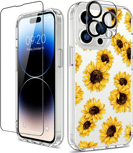 Miniatura 37 de Funda para iPhone 14 Pro con protector de pantalla, 6.1 pulgadas, transparente de cuerpo completo, a prueba de golpes, diseño floral, para niñas