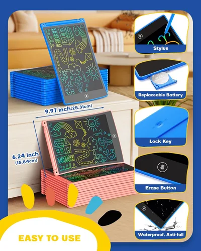 Miniatura 3 de bravokids Paquete de 24 tabletas de escritura LCD con lápiz capacitivo, tablero de dibujo colorido de 8.5 pulgadas para niños, juegos de viaje