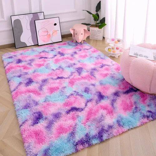 Miniatura 8 de AROGAN Alfombras de área suaves de arco iris para habitación de niñas de 6x9 pies, alfombras esponjosas de dormitorio para niñas, alfombra