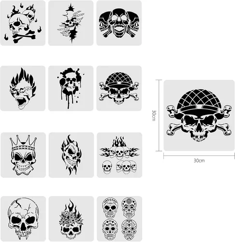 Miniatura 2 de BENECREAT 12 plantillas de dibujo de plástico con patrón de calavera, plantilla de pintura de suspenso de terror de 12 x 12 pulgadas para hacer Tema