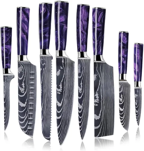 Juego de 8 cuchillos japoneses SENKEN con mango de resina púrpura y patrón láser damasceno - Colección Amatista - Cuchillo de chef, cuchillo de