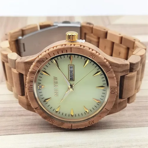 Miniatura 3 de MII YEW Reloj de madera para hombre, ligero, analógico, de cuarzo, hecho a mano, esfera verde con fecha