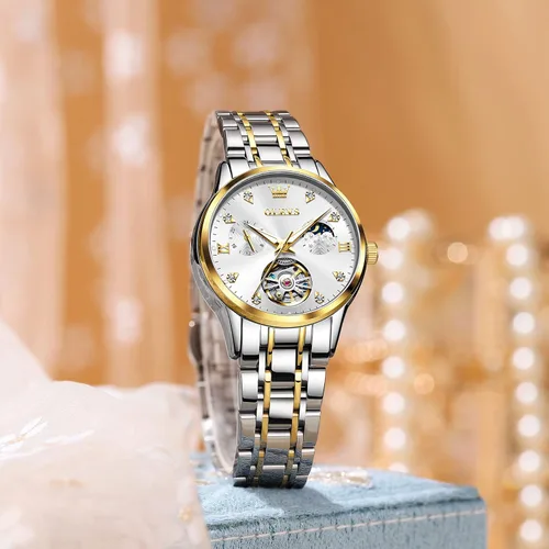 Miniatura 2 de OLEVS Reloj de mujer con esqueleto hueco y fase lunar de acero inoxidable, impermeable, dos tonos