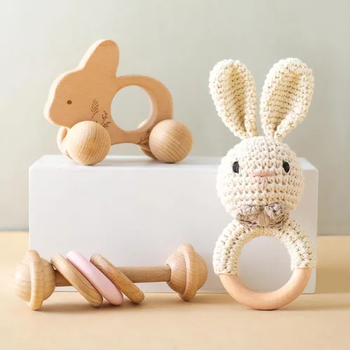let's make Sonajero de madera para bebé, 3 piezas, juego de sonajero de ganchillo, juguete Montessori de madera para recién nacidos, regalos de bebé