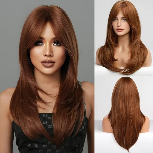 Miniatura 17 de HAIRCUBE Pelucas Auburn para Mujeres, Pelucas Largas en Capas Naranjas con Flequillo, Pelucas de Fibra Sintética Resistentes al Calor