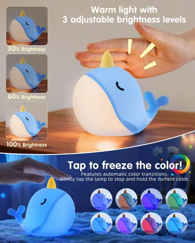 Miniatura 4 de Fuloon Narwhal - Luz nocturna con forma de ballena, lámpara de silicona blanda para niños, control táctil seguro y relajante para niños y bebés