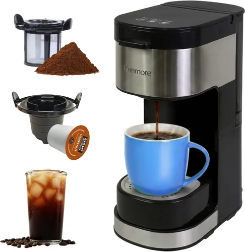 Kenmore - Cafetera de una sola porción con taza de viaje de acero inoxidable, preparación de cápsulas/cápsulas y café molido, compatible con K Cup,