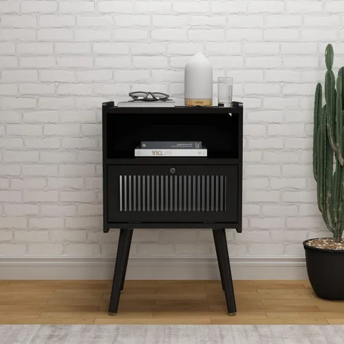 Miniatura 2 de Mesita de noche moderna de mediados de siglo, mesa auxiliar con almacenamiento, mesitas de noche con puerta de cristal, mesa auxiliar con patas