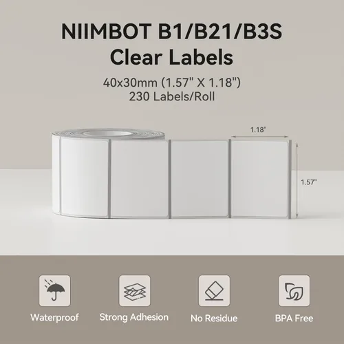 Miniatura 3 de NIIMBOT Cinta de etiquetas transparentes para B1/B21/B3S, 40x30mm (1.57" X 1.18"), 230 etiquetas/rollo, etiqueta adhesiva térmica para frasco