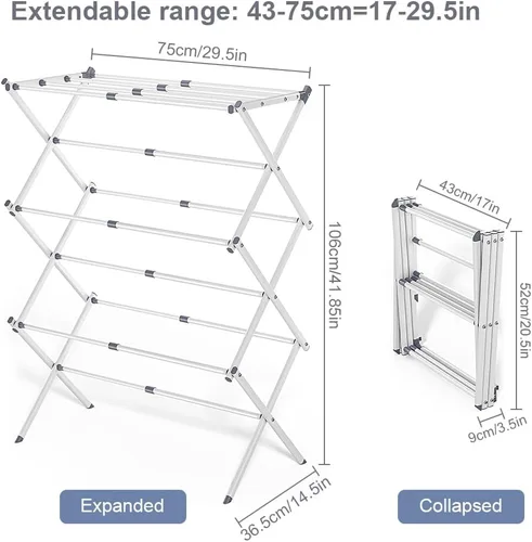 Miniatura 5 de Escurridor de ropa plegable con 4 perchas, estante de secado de ropa portátil extensible para ropa de secado al aire en interiores, 41 x 29 x 14