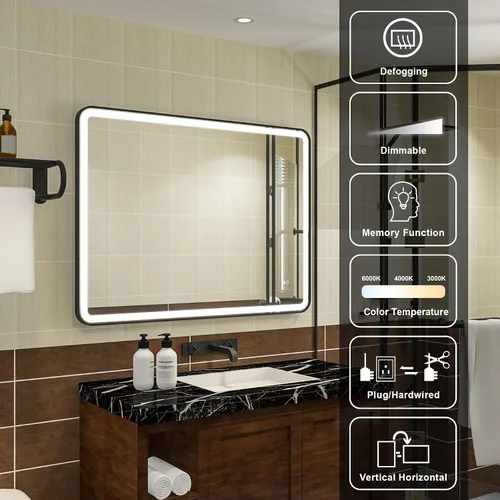 Miniatura 6 de WELLFOR Espejo LED enmarcado de 48 pulgadas de ancho x 36 pulgadas de largo, espejo rectangular de esquina redondeada de metal con luces para baño