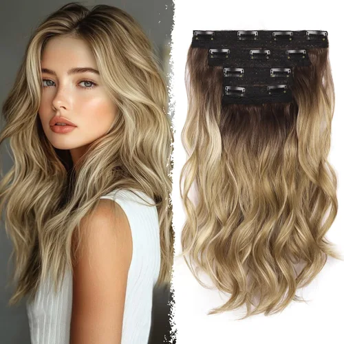 Miniatura 21 de 4 extensiones de cabello sintético con clip, extensiones de cabello rizado de 20 pulgadas de largo con clip (color: marrón medio)