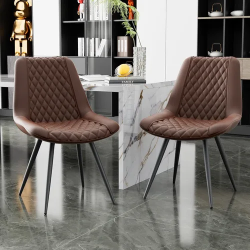 Juego de 2 sillas de comedor, modernas sillas de salón de piel sintética sin brazos, asiento tapizado con respaldo alto y patas de metal resistentes
