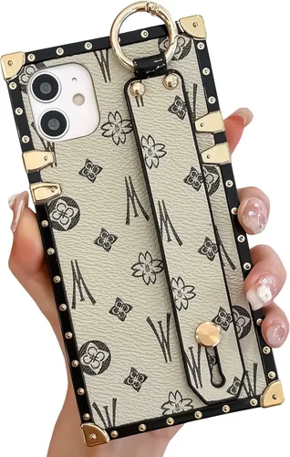 Miniatura 25 de Funda rectangular de cuero compatible con 11 con correa para muñeca, funda de diseñador de lujo para mujeres y niñas, funda protectora con soporte